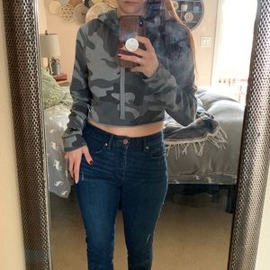 Grey camouflage crop top hoodie. Hollister